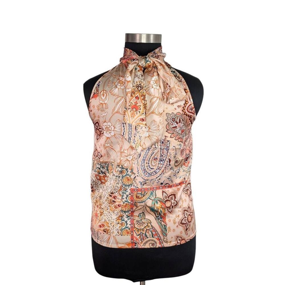 Rachel Zoe L Orange Paisley Tie Neck Top Sleeveless Satin 70s Retro Career Boho